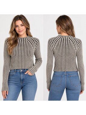J.O.A. Los Angeles Women’s Small Black Gray Cable Knit Ribbed Cropped Sweater